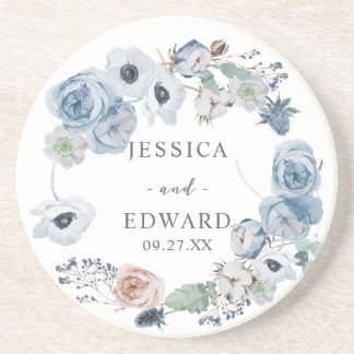 Dessous De Verre En Grès Floral Mariage bleu rustique Dusty
