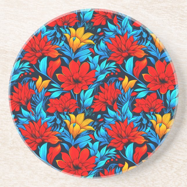 Dessous De Verre En Grès Floral Rouge jaune Fleurs Motif-13075 (Devant)