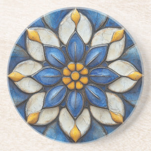 Dessous De Verre En Grès Flore Azulejo bleu blanc et jaune