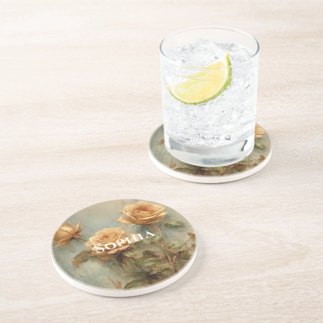 Dessous De Verre En Grès Flore Rose de pêche romantique (Côté)