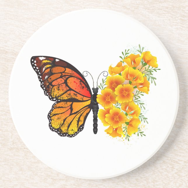 Dessous De Verre En Grès Flower Butterfly with Yellow California Poppy (Devant)