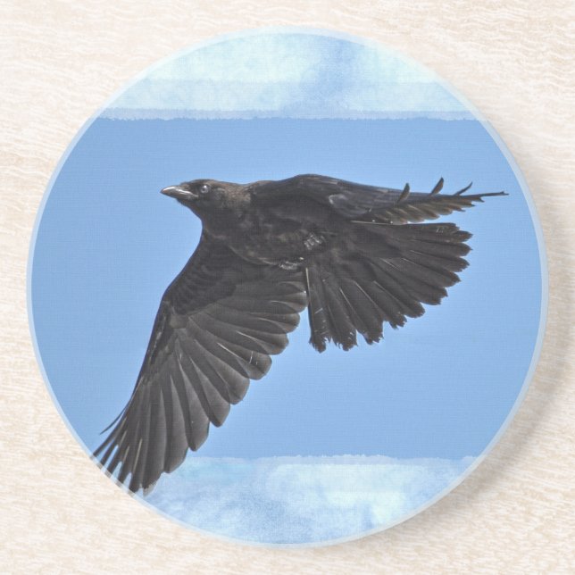 Dessous De Verre En Grès Flying Raven Art moderne en bleu (Devant)