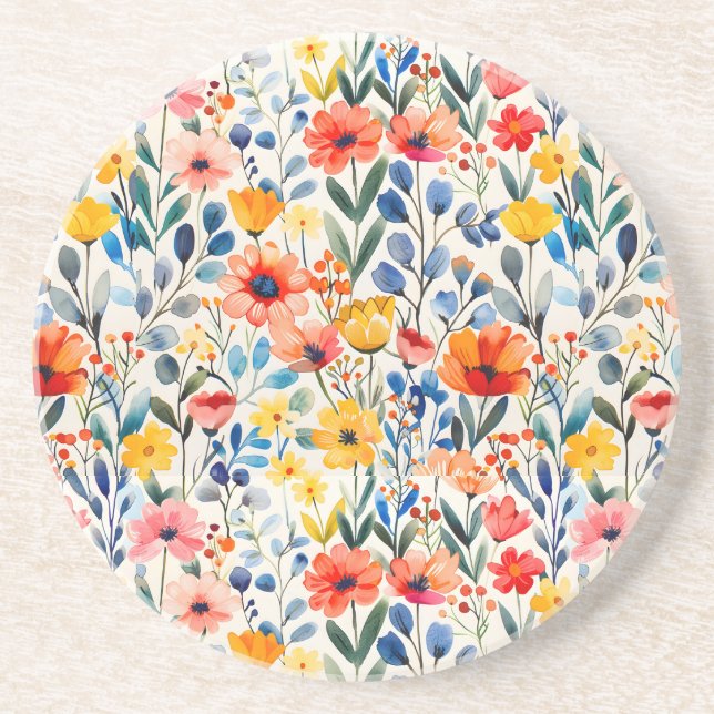Dessous De Verre En Grès Fond de fleurs sauvages de printemps à l'aquarelle (Devant)