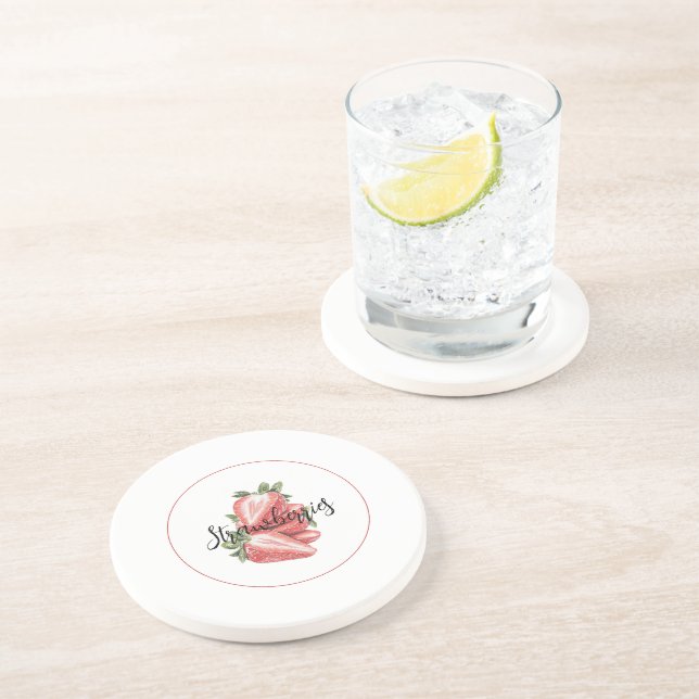 Dessous De Verre En Grès Fraises Fruit Blanc Rouge   (Côté)
