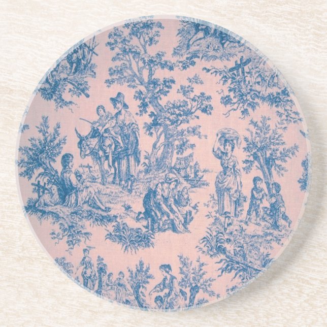 Dessous De Verre En Grès French toile de jouy bleu et rose élégant (Devant)