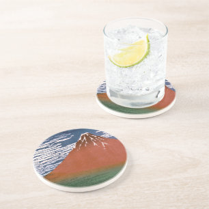 Dessous De Verre En Grès Fuji rouge, Aka Fujiyama Volcan Katsushika Hokusai