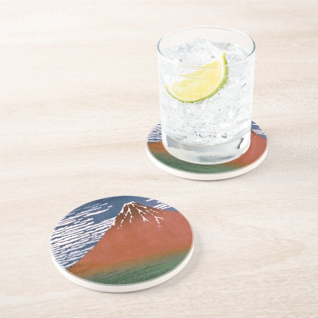 Dessous De Verre En Grès Fuji rouge, Aka Fujiyama Volcan Katsushika Hokusai (Côté)