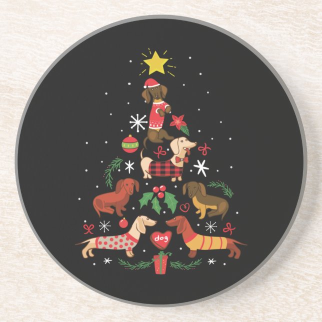 Dessous De Verre En Grès Funny Dachshund sapin de Noël (Devant)