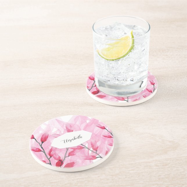 Dessous De Verre En Grès Fusion de monogramme aquarelle rose floral (Côté)