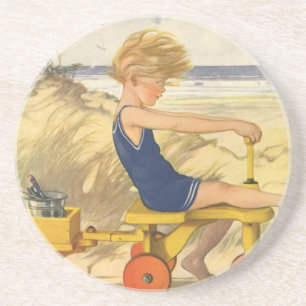 Dessous De Verre En Grès Garçon vintage Jouer à la plage avec des jouets de