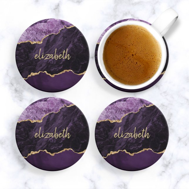 Dessous De Verre En Grès Géode d'agate personnalisée en grès violet or (Créateur téléchargé)
