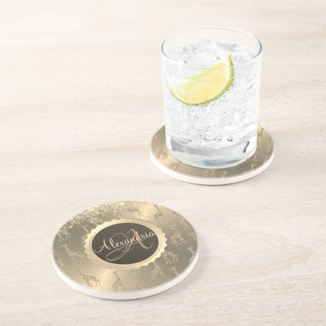 Dessous De Verre En Grès Glitterie Giraffes sur Glitzy Gold Monogramme (Côté)