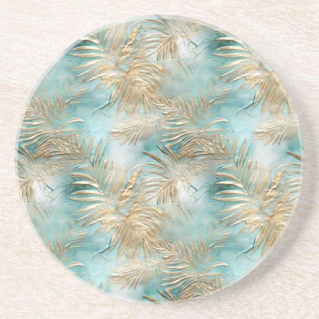 Dessous De Verre En Grès Gold Aqua White Feuilles tropicaux (Devant)