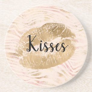 Dessous De Verre En Grès Gold Lips Kiss rose Zebra Print