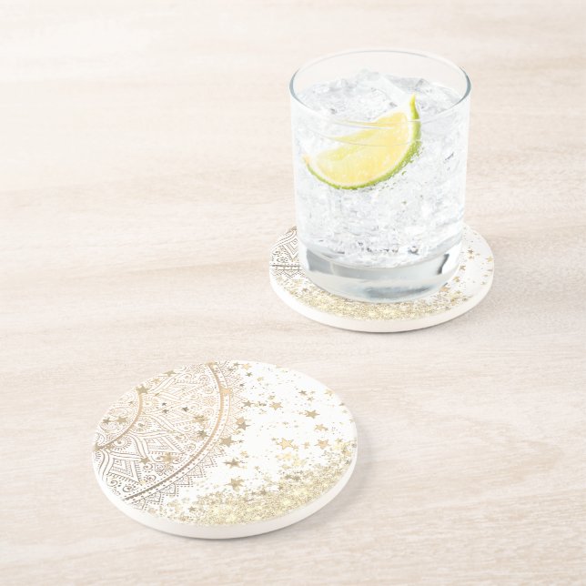 Dessous De Verre En Grès Gold Lotus Mandala avec Gold Stars sur Blanc (Côté)