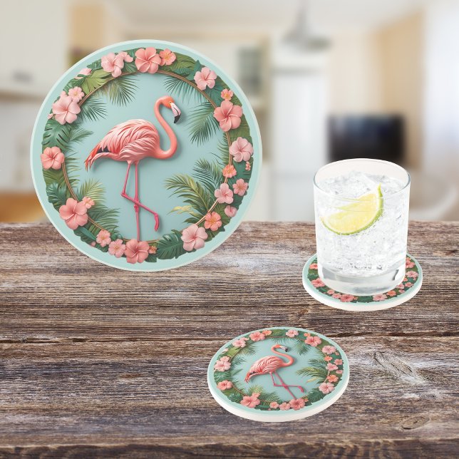 Dessous De Verre En Grès Grâce Tropicale Flamant Rose Rond en Grès (Créateur téléchargé)