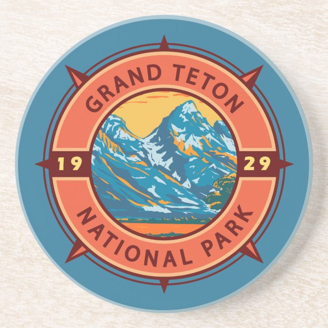 Dessous De Verre En Grès Grand Teton National Park Retro Compass Emblem (Devant)