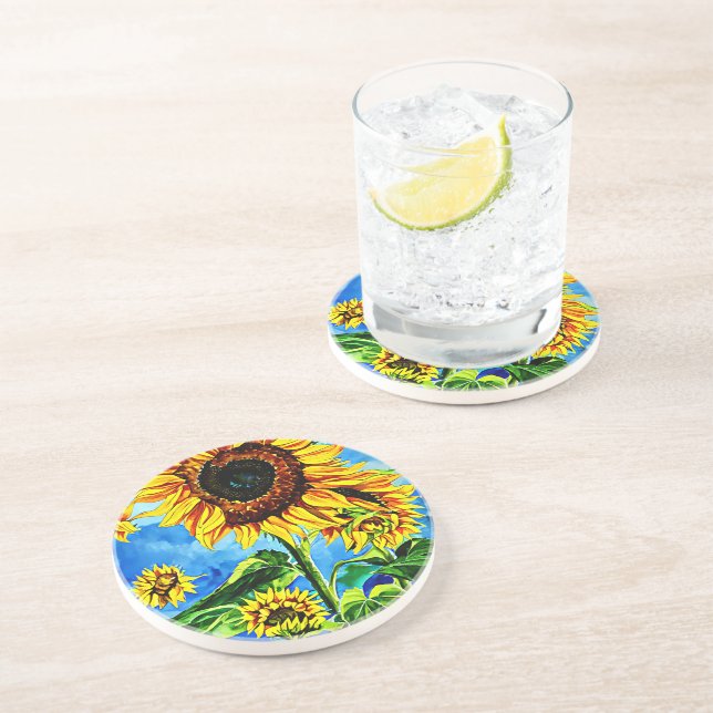 Dessous De Verre En Grès Grand tournesols aquarelle nature (Côté)