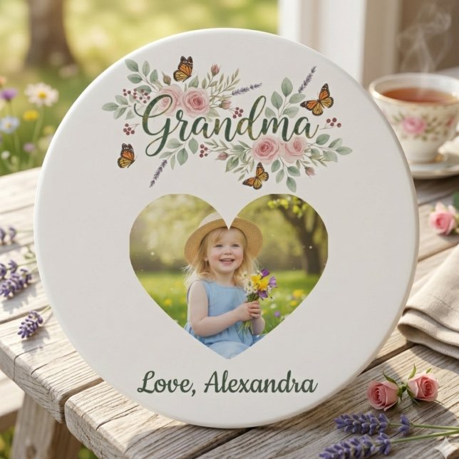 Dessous De Verre En Grès Grandma Gift Coaster - Floral Photo (Personalized Photo Grandma coaster gift)