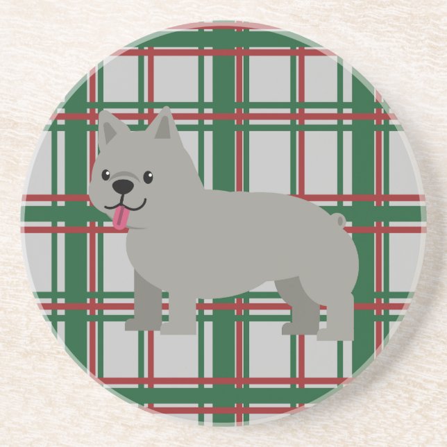 Dessous De Verre En Grès Gray French Bulldog, Christmas Plaid (Devant)