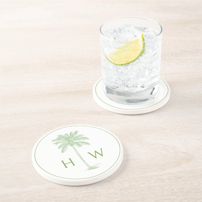 Dessous De Verre En Grès Green and White Palm Palmetto Tree Monogram (Côté)