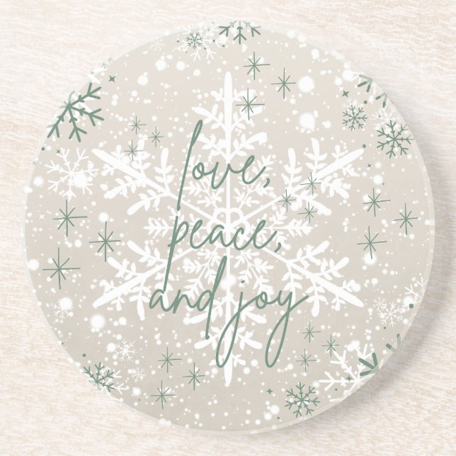 Dessous De Verre En Grès Green Beige Snowflakes Love Peace Joy Holiday (Devant)