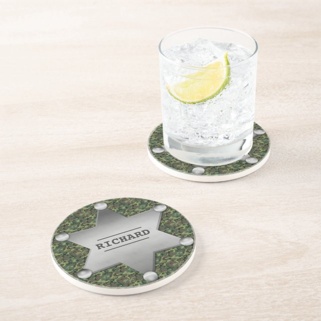 Dessous De Verre En Grès Green Camouflage Pattern Sheriff Name Badge (Côté)
