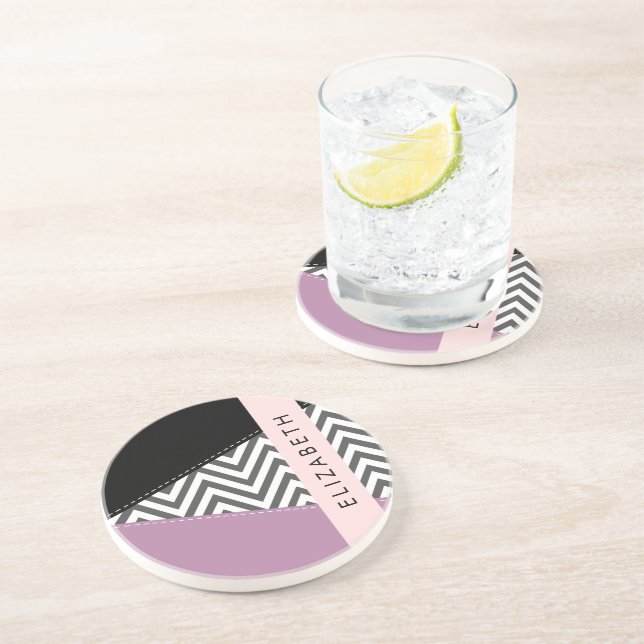 Dessous De Verre En Grès Grey Zigzag, Grey Chevron, Purple, Votre Nom (Côté)