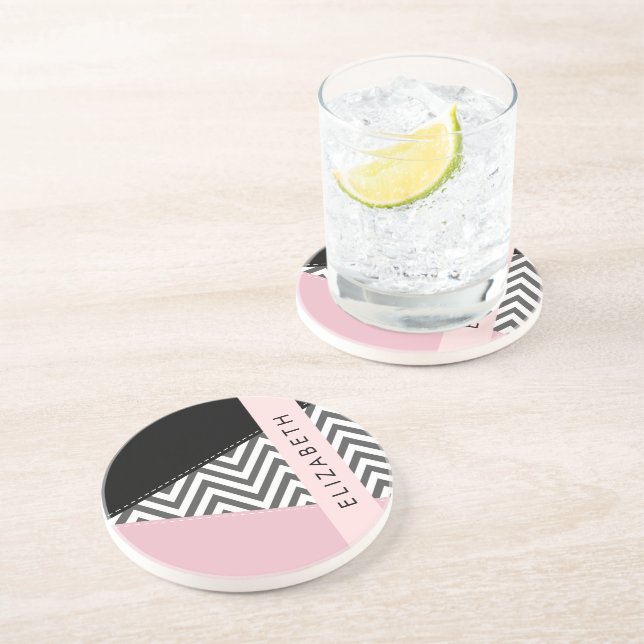 Dessous De Verre En Grès Grey Zigzag, Grey Chevron, Rose, Votre Nom (Côté)