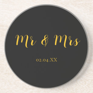 Dessous De Verre En Grès Gris personnalisé noir avec jaune Mr & Mrs grès