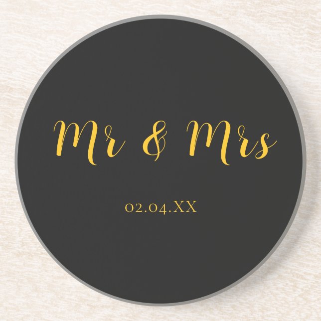 Dessous De Verre En Grès Gris personnalisé noir avec jaune Mr & Mrs grès (Devant)