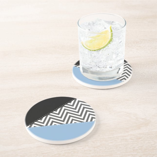 Dessous De Verre En Grès Gris Zigzag, Gris Chevron, Motif Zigzag, Bleu (Côté)