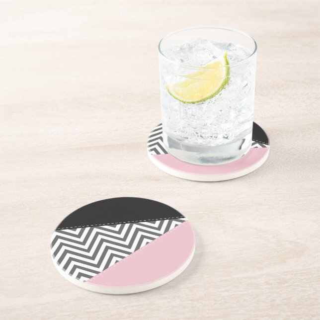 Dessous De Verre En Grès Gris Zigzag, Gris Chevron, Motif Zigzag, Rose (Côté)