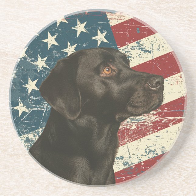 Dessous De Verre En Grès Grunge American Flag Black Labrador Retriever Dog (Devant)