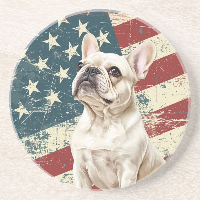 Dessous De Verre En Grès Grunge American Flag White French Bulldog (Devant)