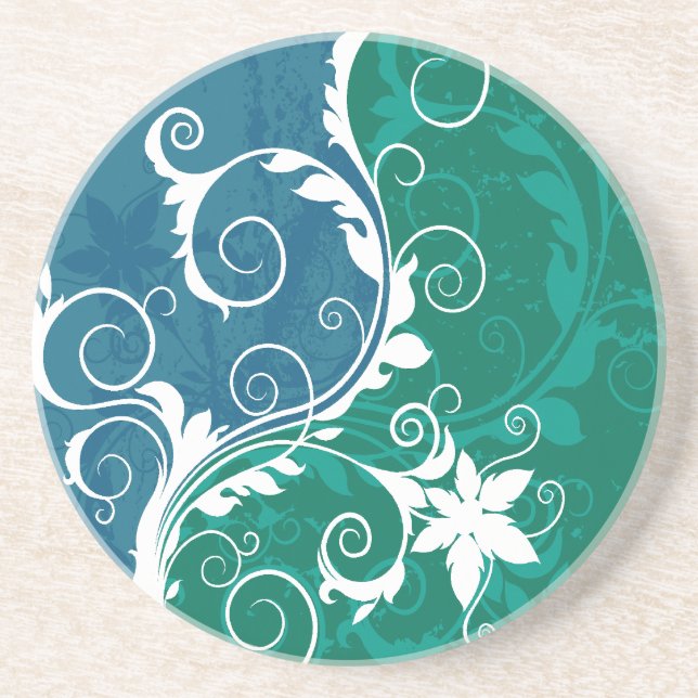 Dessous De Verre En Grès Grunge florale bleue et verte blanche (Devant)