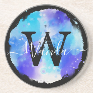 Dessous De Verre En Grès Grungey Blue Aquarelle Monogramme Calligraphie