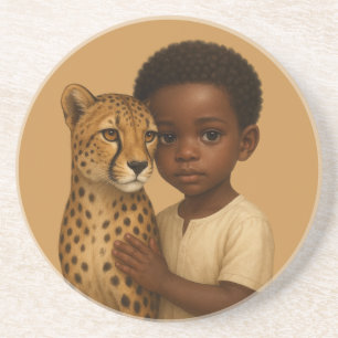 Dessous De Verre En Grès Guépard et garçon : lien du sauvage et de l'innoce