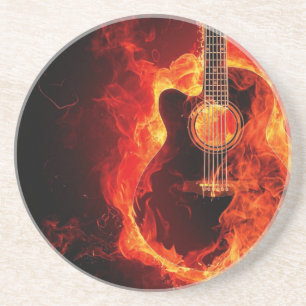 Dessous De Verre En Grès Guitare en feu, Flames Orange Musique Groupe de Ro