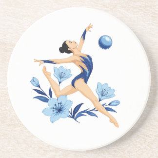 Dessous De Verre En Grès Gymnaste rythmique élégant avec des fleurs bleues.