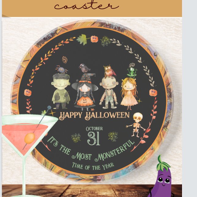 Dessous De Verre En Grès Halloween Monsters Party Orange (Halloween Monsters Party Orange Coaster)