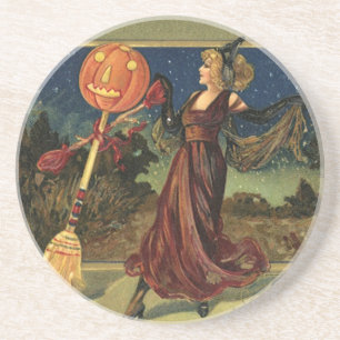 Dessous De Verre En Grès Halloween vintage, jolie sorcière dansante