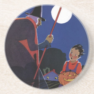 Dessous De Verre En Grès Halloween vintage, sorcière effrayante avec garçon