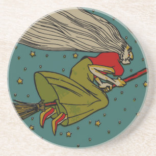Dessous De Verre En Grès Halloween vintage, sorcière maléfique volant sur u