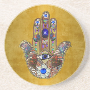 Dessous De Verre En Grès Hamsa Coeurs Fleurs Opal Art sur Or