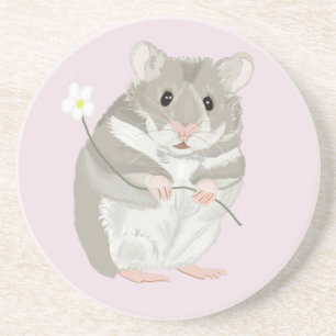 Dessous De Verre En Grès Hamster gris et blanc mignon tenant une fleur