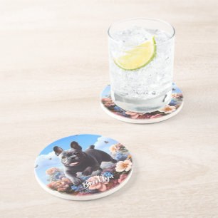 Dessous De Verre En Grès Happy Blue French Bulldog & Flowers