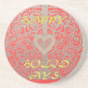 Dessous De Verre En Grès Happy Holidays Heart Red and Gold Collection