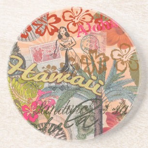 Dessous De Verre En Grès Hawaii Hula Fleur Voyage Vintage