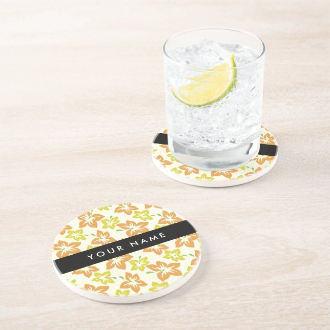 Dessous De Verre En Grès Hibiscus jaune, Hibiscus orange, Votre nom (Côté)